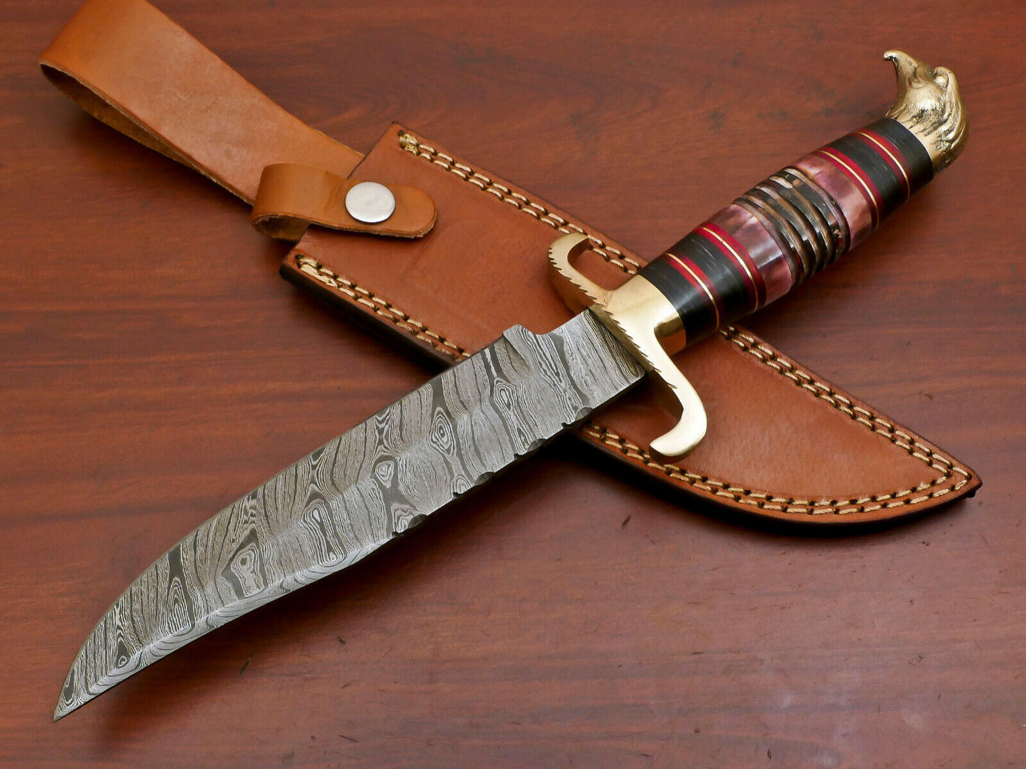 Heritage Forge 12.5 Inch Damascus Steel Bowie Knife with Burnt Camel Bone and Pakka Wood Handle