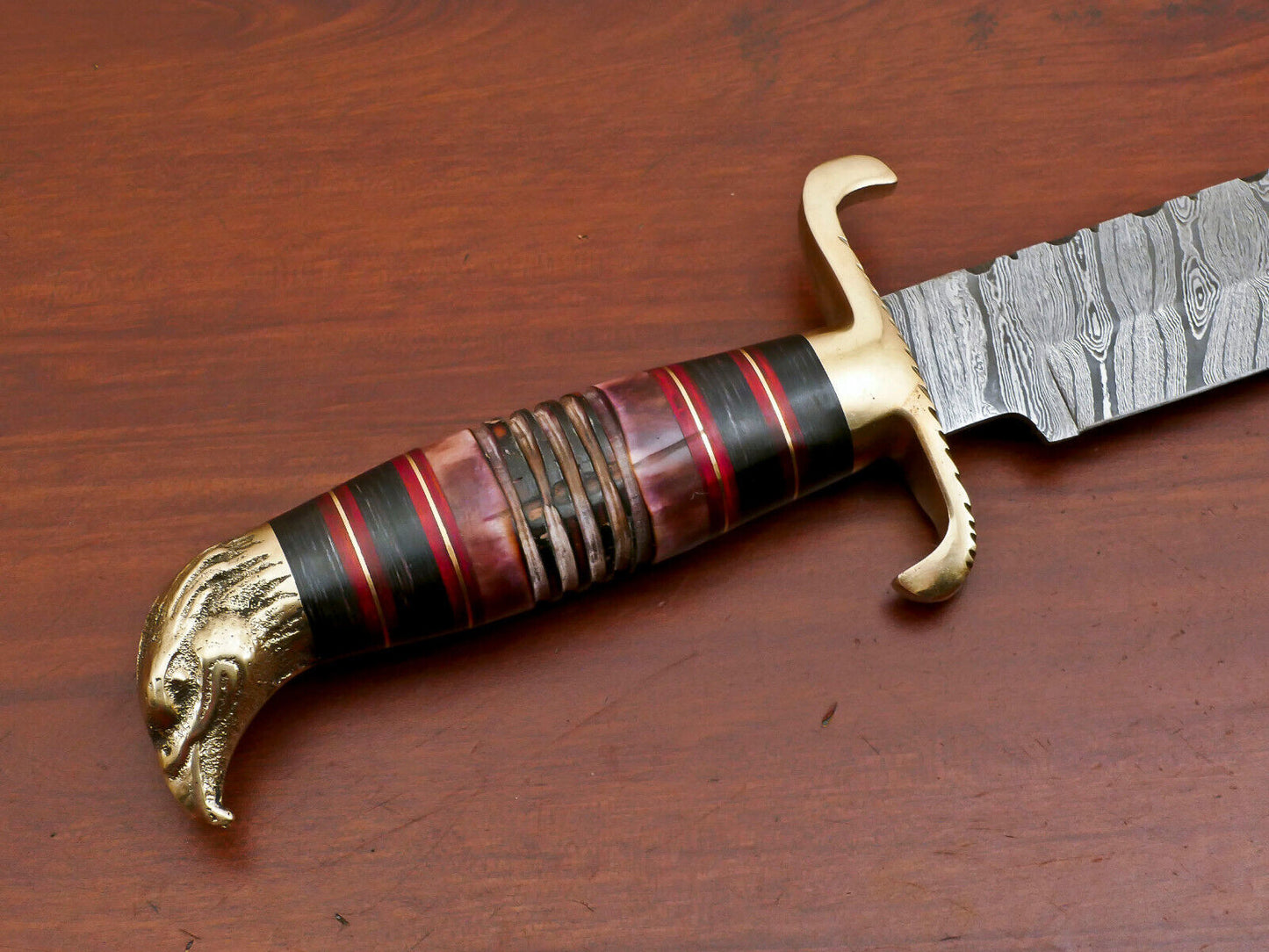 Heritage Forge 12.5 Inch Damascus Steel Bowie Knife with Burnt Camel Bone and Pakka Wood Handle