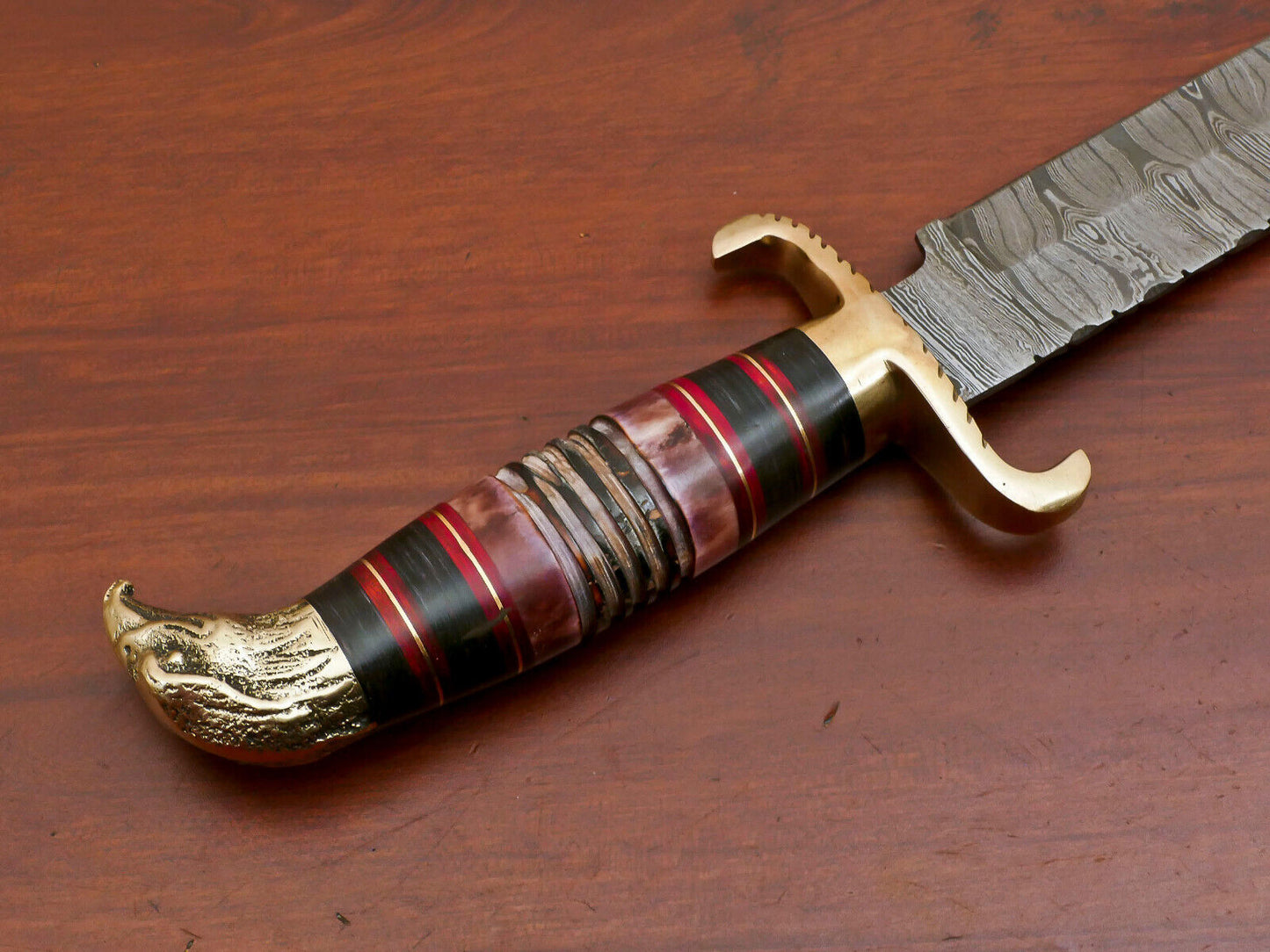 Heritage Forge 12.5 Inch Damascus Steel Bowie Knife with Burnt Camel Bone and Pakka Wood Handle