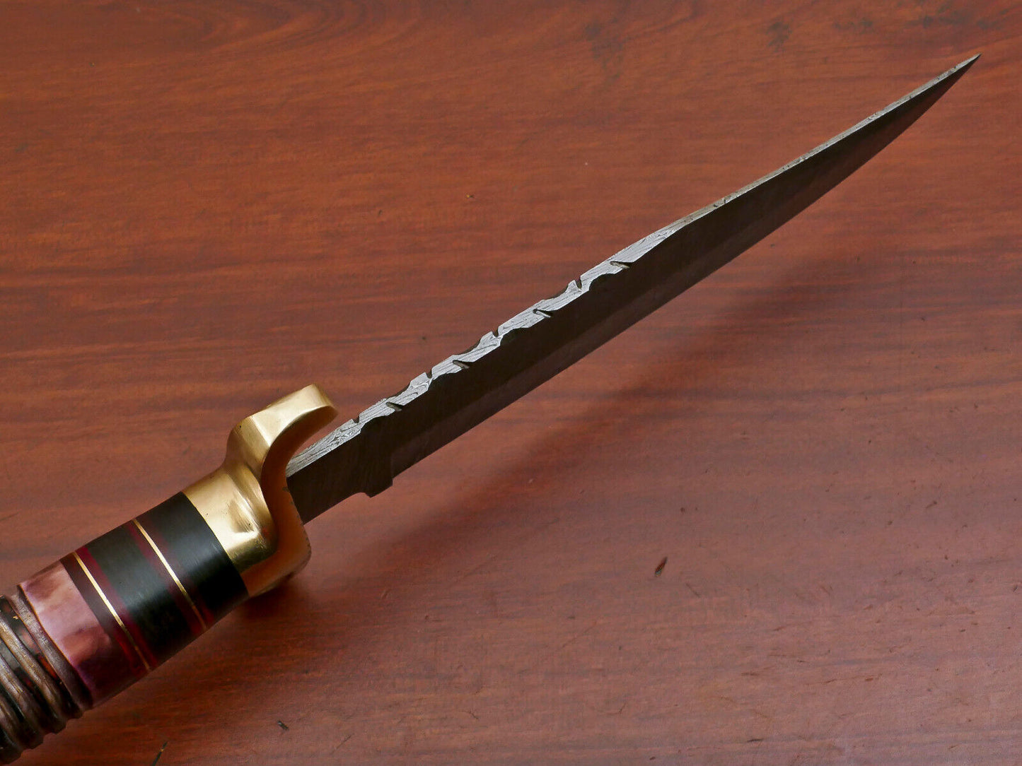 Heritage Forge 12.5 Inch Damascus Steel Bowie Knife with Burnt Camel Bone and Pakka Wood Handle