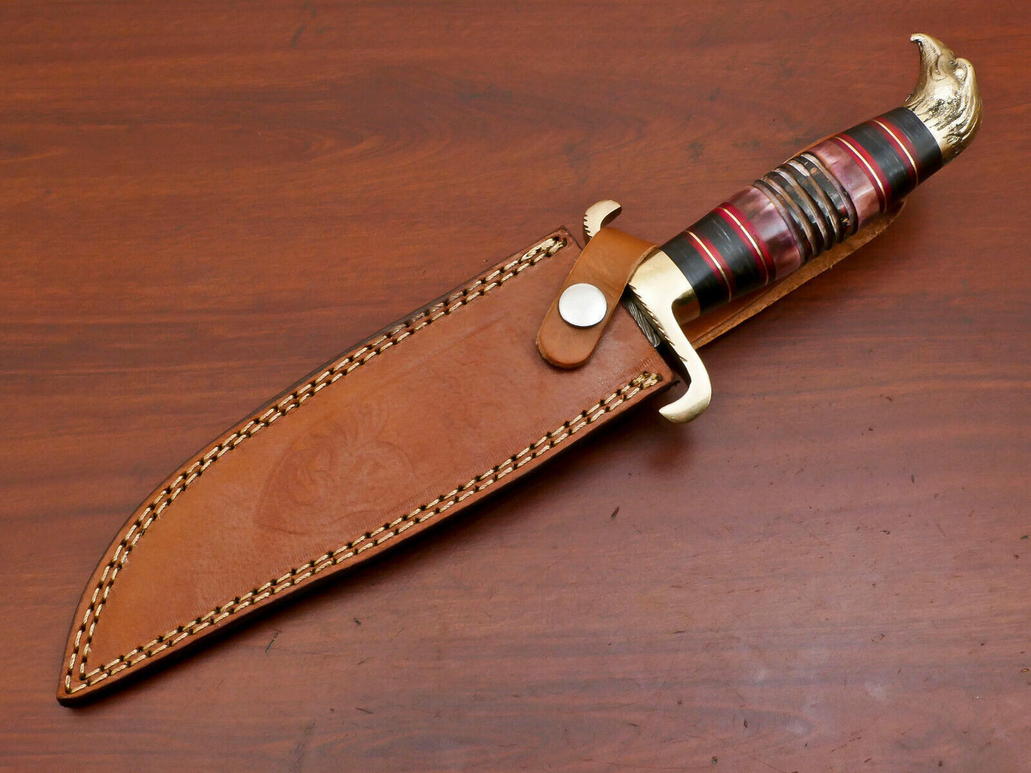 Heritage Forge 12.5 Inch Damascus Steel Bowie Knife with Burnt Camel Bone and Pakka Wood Handle