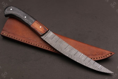 12" Custom Hand Forged Damascus Fillet Knife Custom Fillet Knife With Leather Sheath