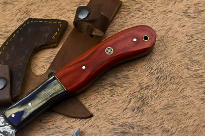 Handmade Damascus Steel Hardwood Clever Chopper Axe Knife with Leather Sheath