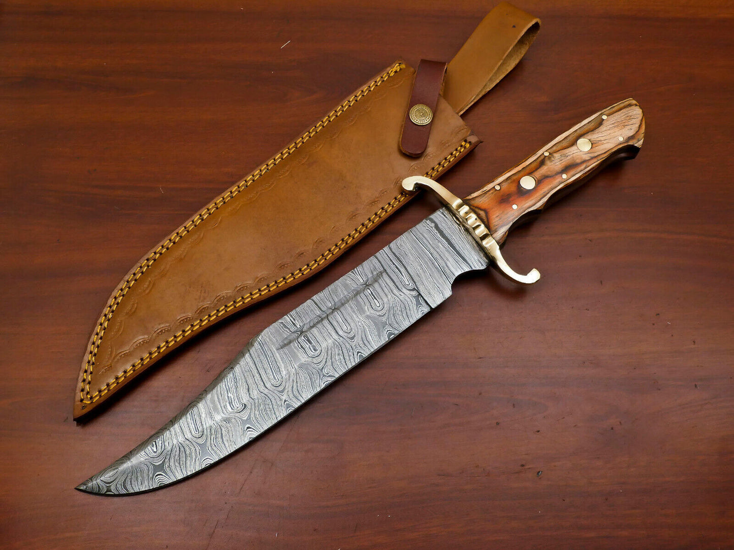 15.5" Handmade Damascus Clip Point Bowie Knife with Brass Guard & Pakka Wood Handle
