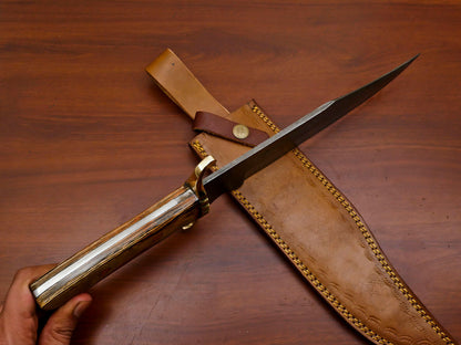 15.5" Handmade Damascus Clip Point Bowie Knife with Brass Guard & Pakka Wood Handle