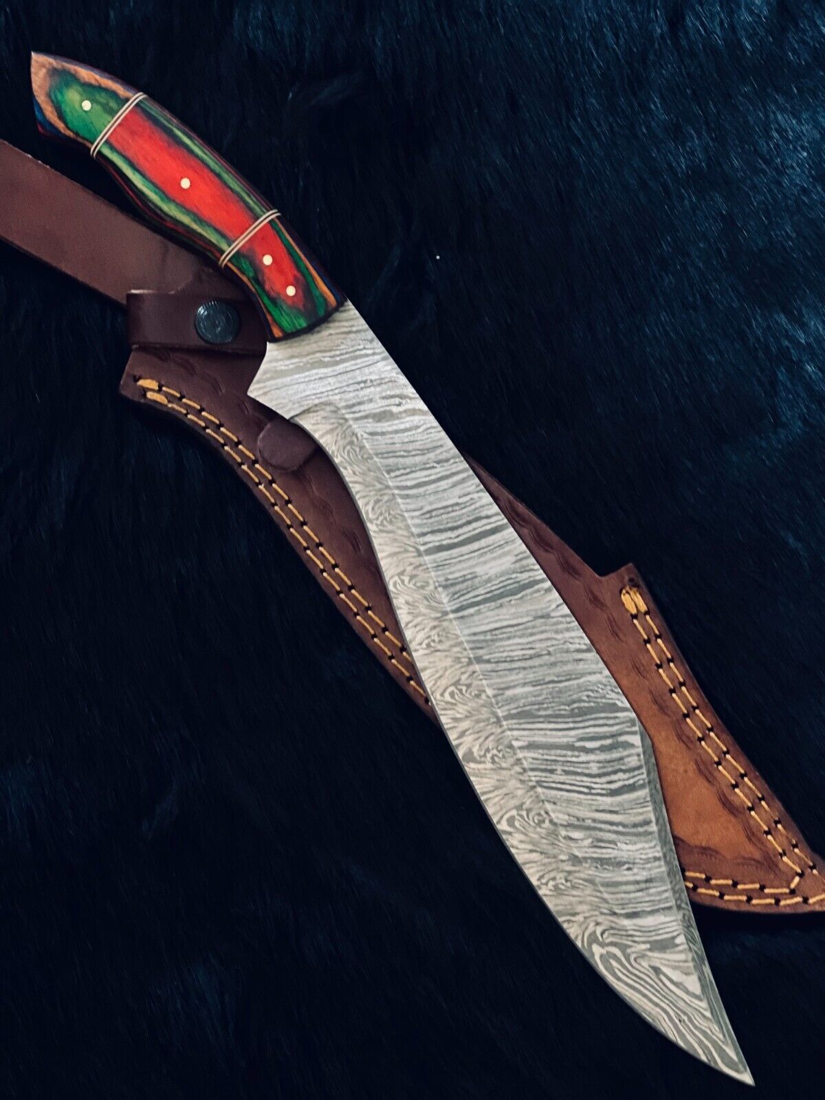16" Twist Damascus Kukri Knife – Camel Bone & Wood Handle with Brass Spacers
