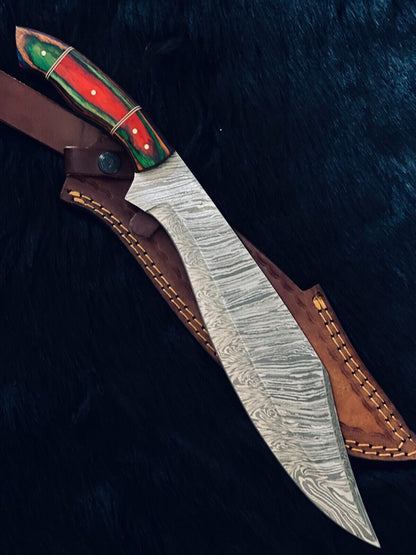 16" Twist Damascus Kukri Knife – Camel Bone & Wood Handle with Brass Spacers