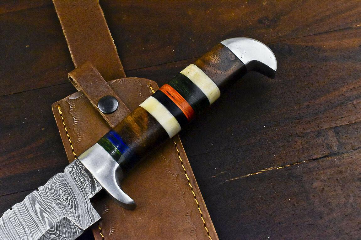 15" Damascus Trailing Point Bowie Knife | Walnut Wood Handle