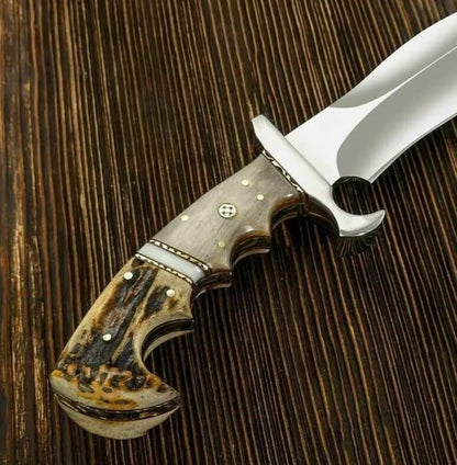 Handmade D2 Steel 14-Inch Bowie Hunting Knife – Natural Deer Antler Handle