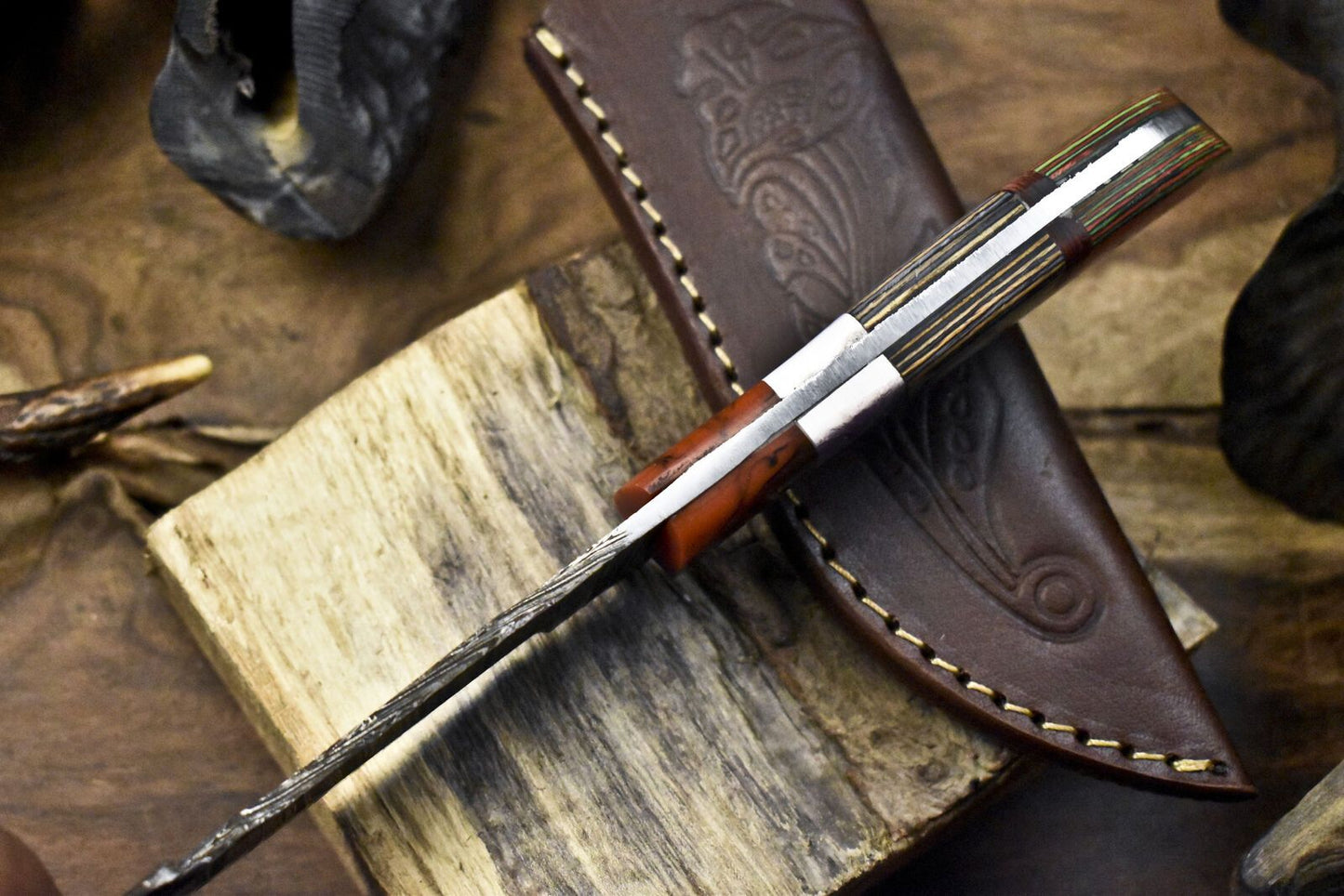Forged Twist Damascus Skinner Knife with Gut Hook and Hard Wood Handle for Camping