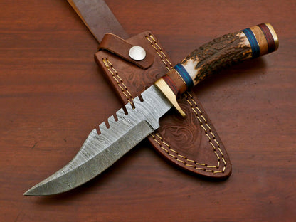 Handmade Damascus Stag Antler Bowie Hunting Knife – Brass Guard – 15"