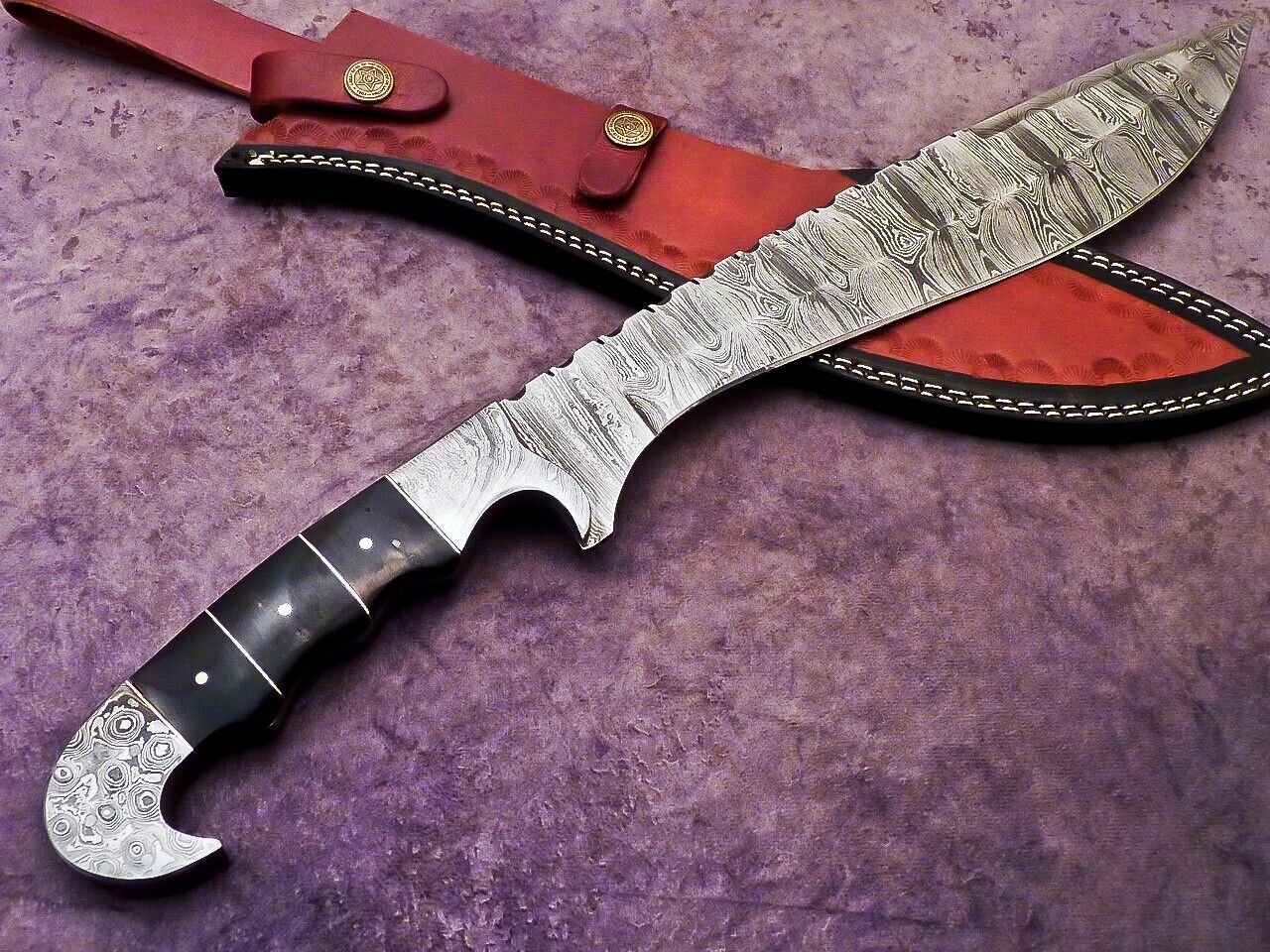 Heritage Forge 17 Inch Damascus Steel Bowie Knife with Wood Handle and Leather Sheath