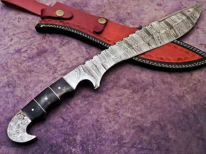 Heritage Forge 17 Inch Damascus Steel Bowie Knife with Wood Handle and Leather Sheath