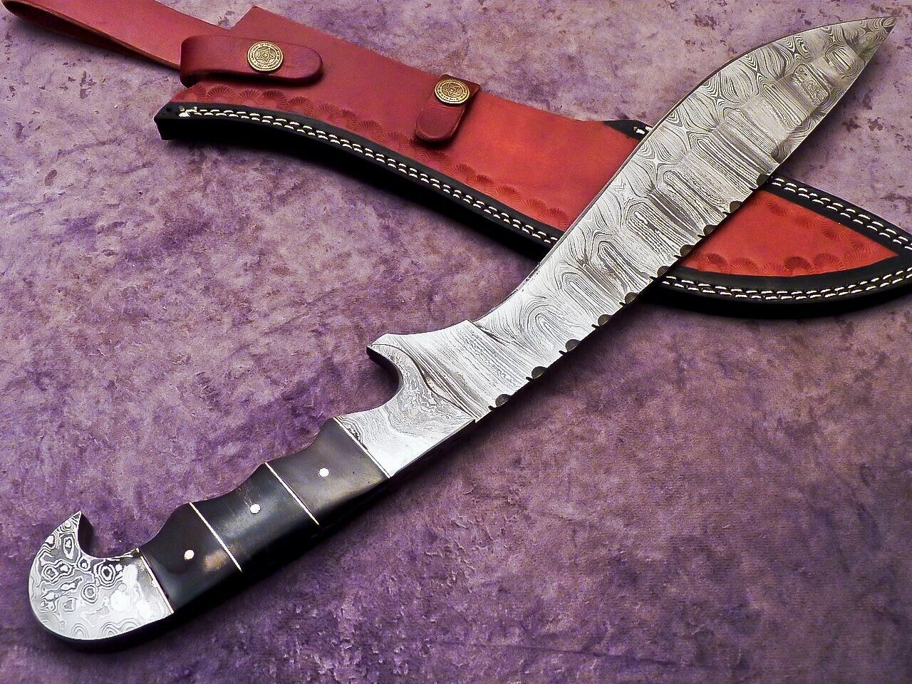 Heritage Forge 17 Inch Damascus Steel Bowie Knife with Wood Handle and Leather Sheath