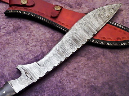 Heritage Forge 17 Inch Damascus Steel Bowie Knife with Wood Handle and Leather Sheath