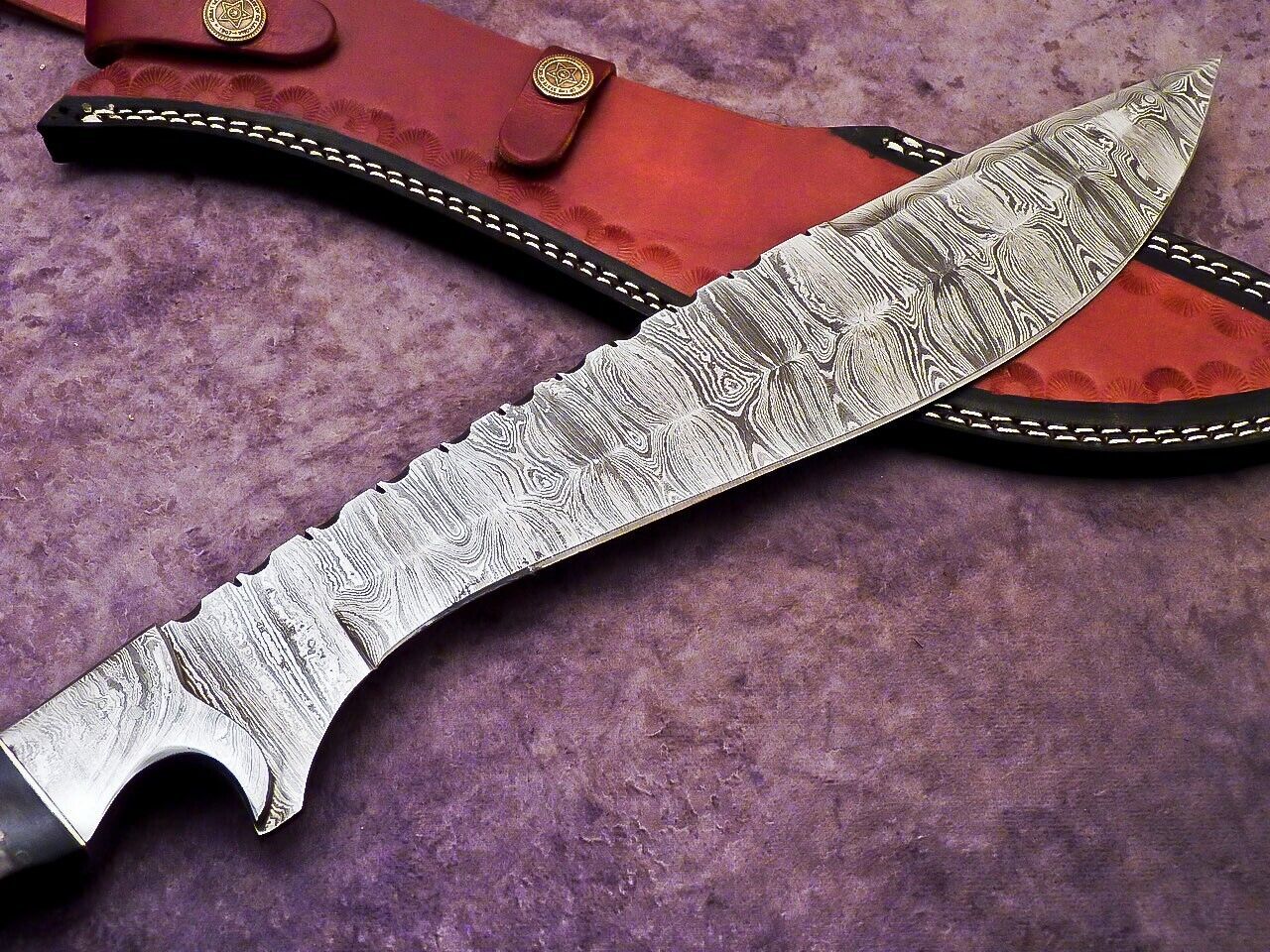 Heritage Forge 17 Inch Damascus Steel Bowie Knife with Wood Handle and Leather Sheath