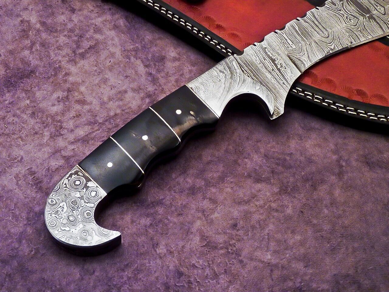 Heritage Forge 17 Inch Damascus Steel Bowie Knife with Wood Handle and Leather Sheath