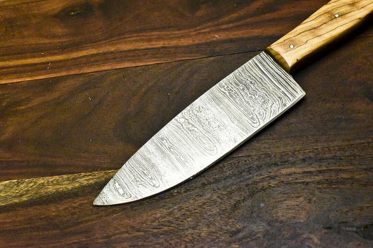 Hand Forged Damascus Steel Hunting & Chef Knife with Olive Wood Handle | 10.5" Overall, 5.5" Blade