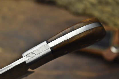 Rain Drop Damascus Skinner Knife with Walnut Wood Handle and Damascus Bolster – Handmade Tactical Blade