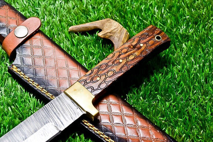 11 Inch Damascus Steel Bowie Knife with Natural Wood Handle