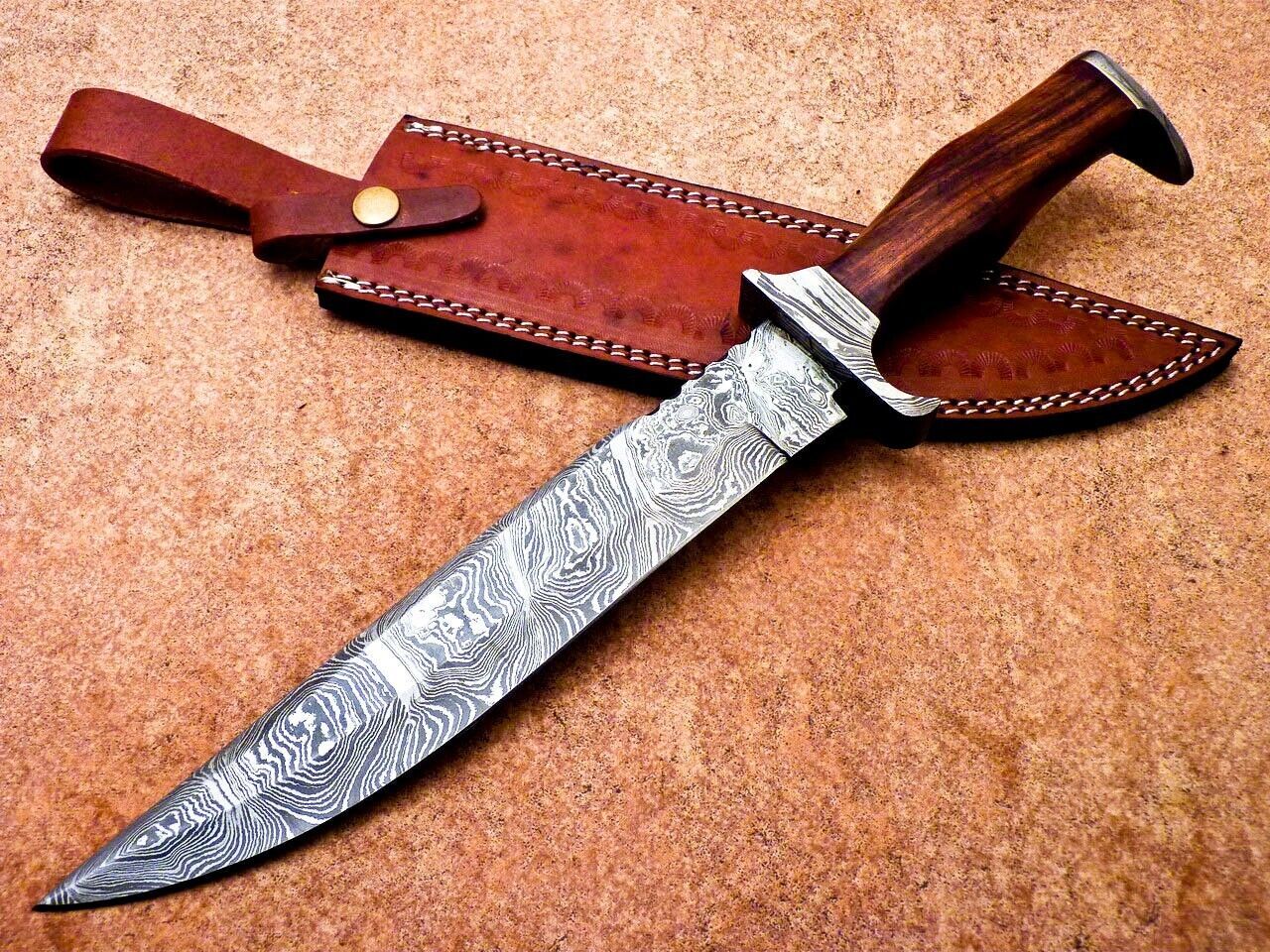 15.5" Handmade Damascus Bowie Knife – Hardwood Handle & Damascus Bolster