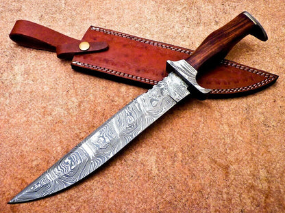 15.5" Handmade Damascus Bowie Knife – Hardwood Handle & Damascus Bolster