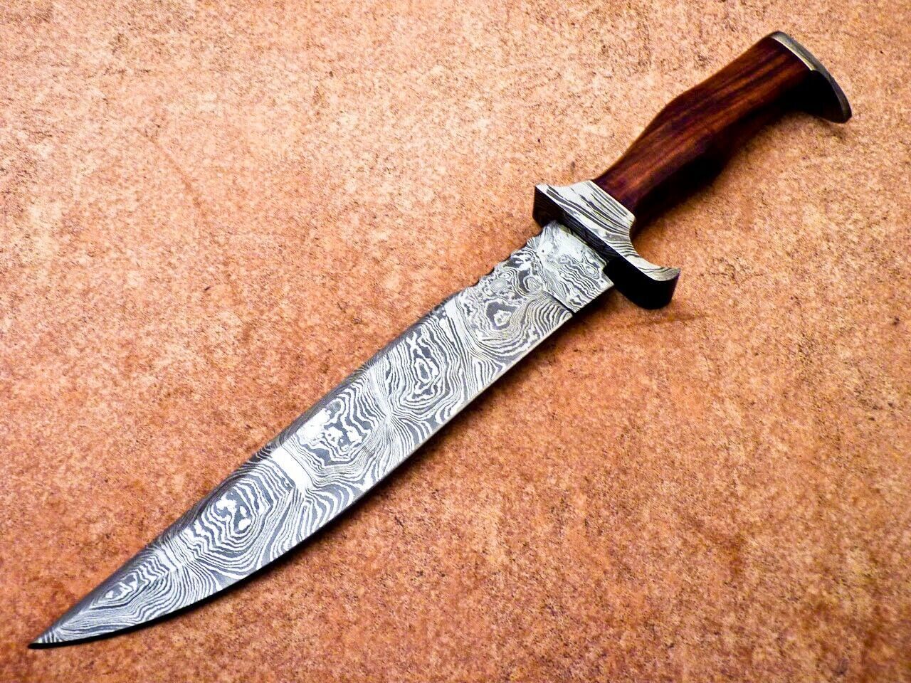15.5" Handmade Damascus Bowie Knife – Hardwood Handle & Damascus Bolster