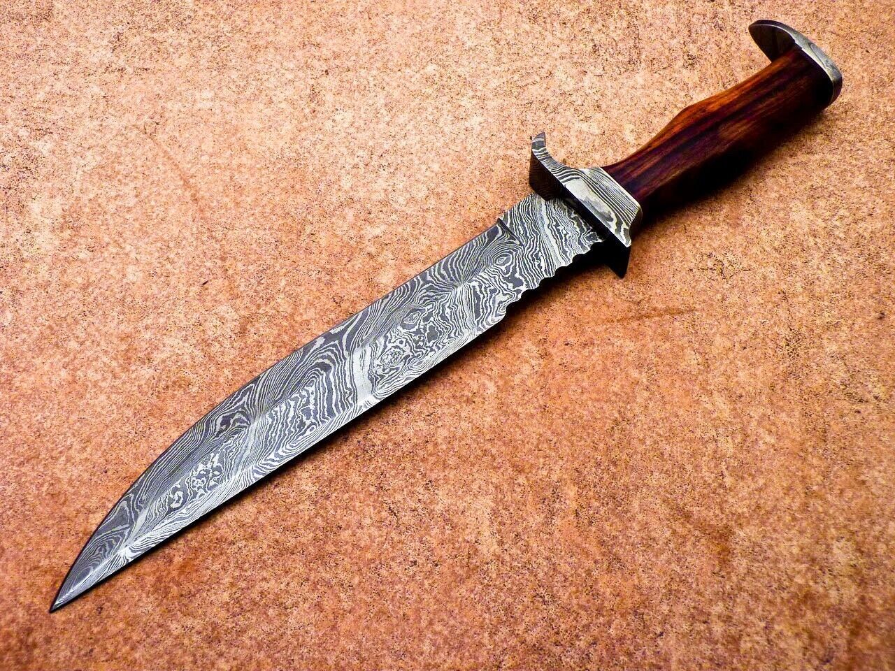 15.5" Handmade Damascus Bowie Knife – Hardwood Handle & Damascus Bolster