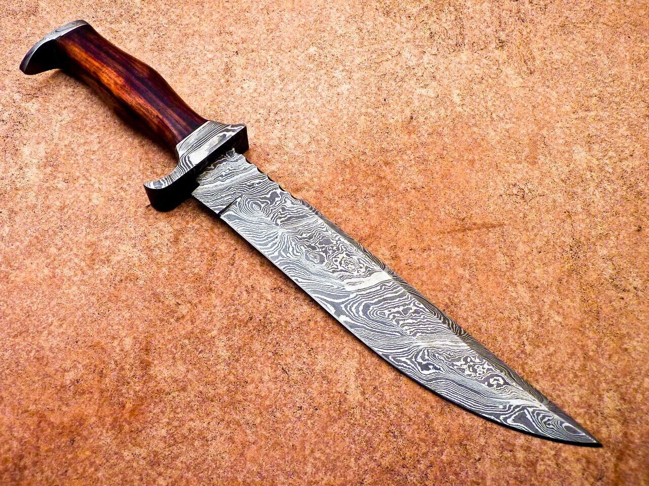15.5" Handmade Damascus Bowie Knife – Hardwood Handle & Damascus Bolster