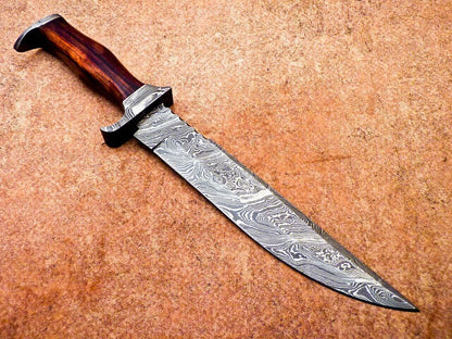 15.5" Handmade Damascus Bowie Knife – Hardwood Handle & Damascus Bolster