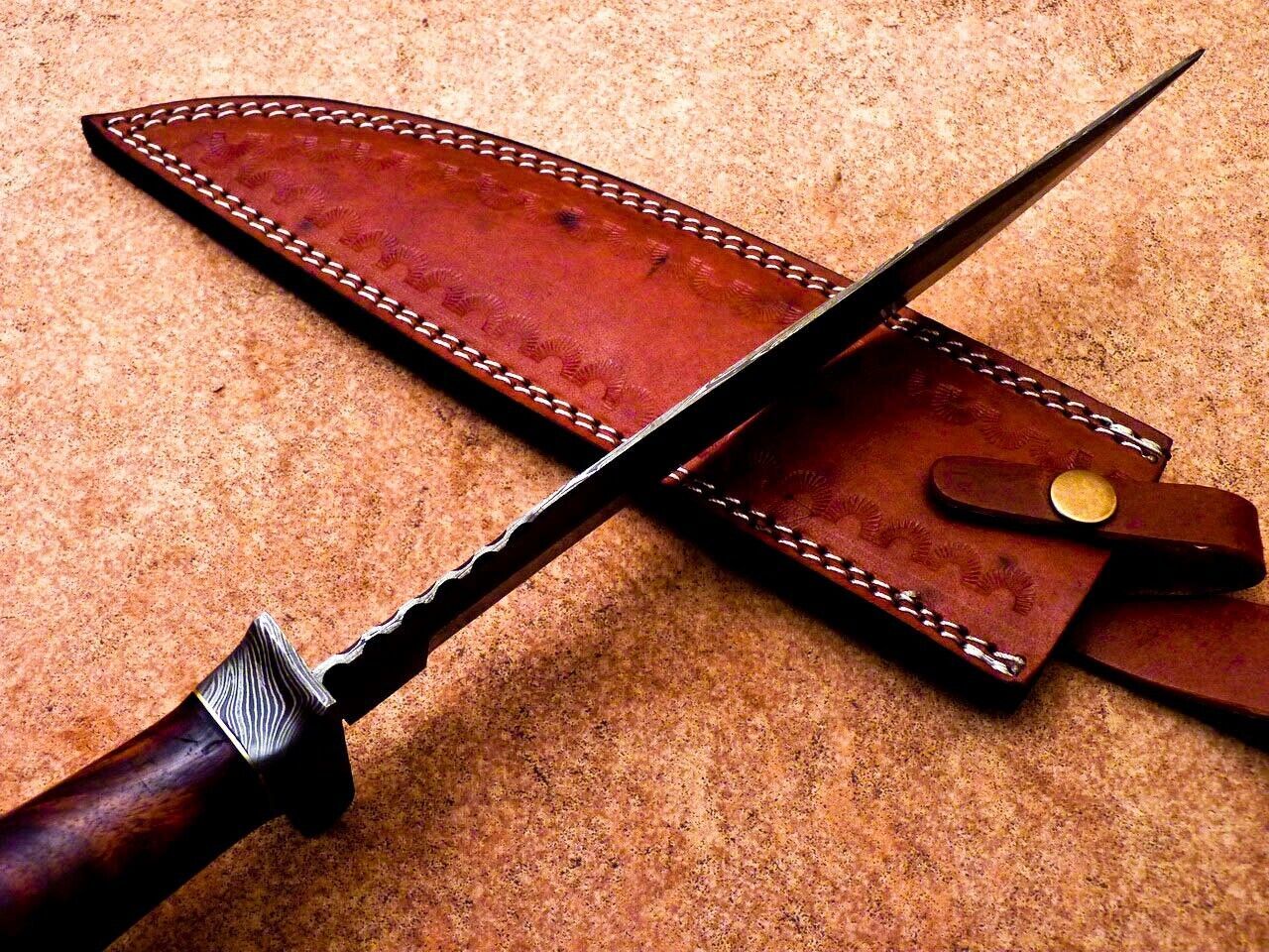 15.5" Handmade Damascus Bowie Knife – Hardwood Handle & Damascus Bolster