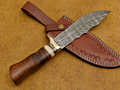 12" Damascus Bowie Hunting Knife – Camel Bone & Rosewood Handle with Brass Guard