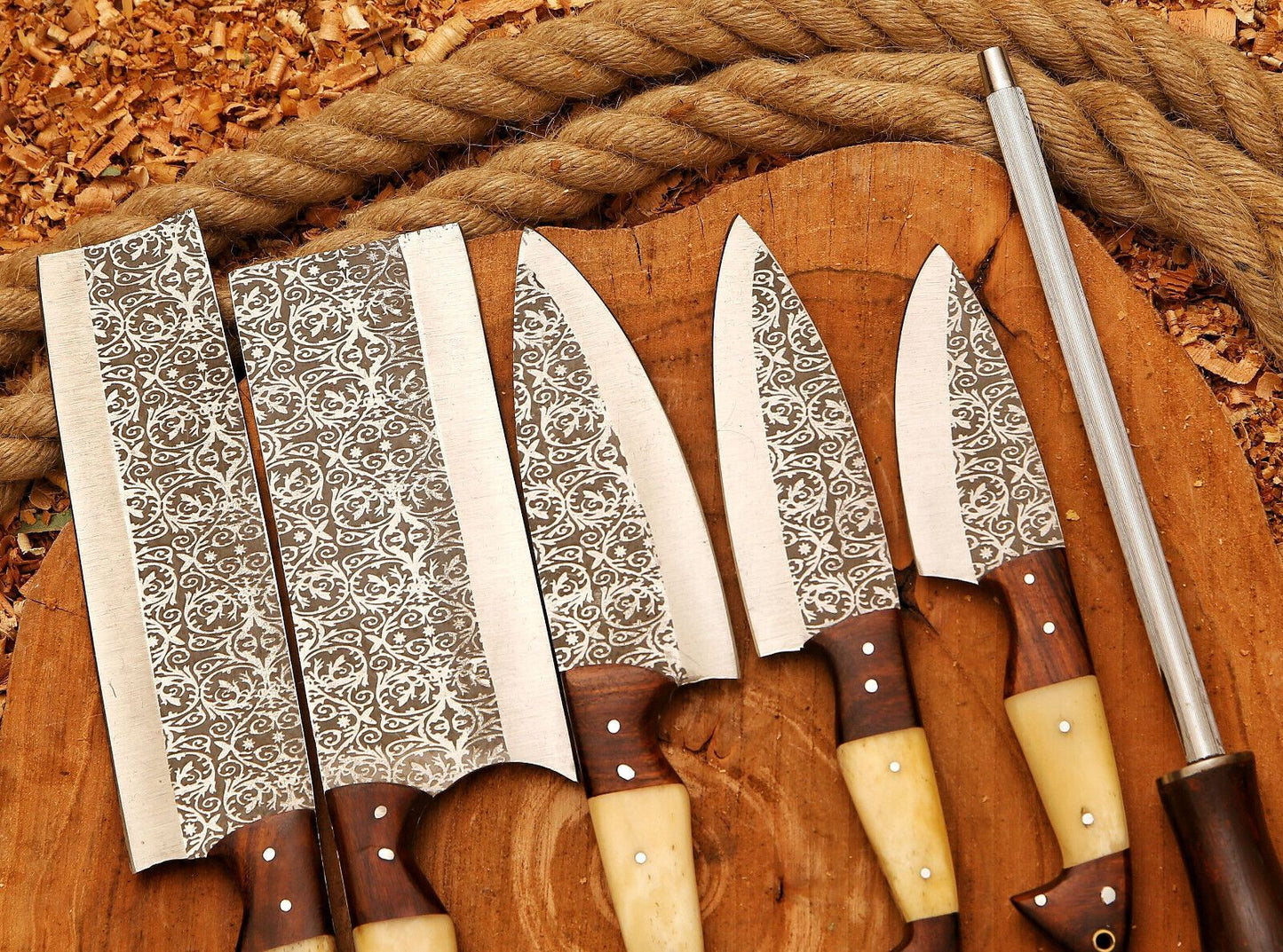 Custom Handmade Fixed Blade Damascus Steel 6-Piece Kitchen Chef Knife Set with Sheath