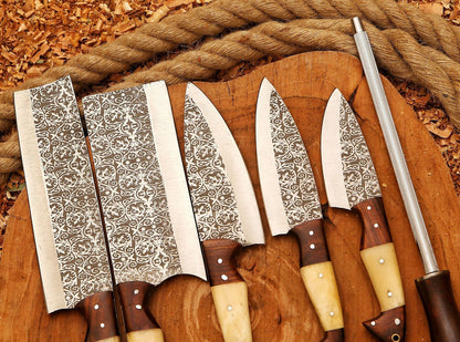 Custom Handmade Fixed Blade Damascus Steel 6-Piece Kitchen Chef Knife Set with Sheath
