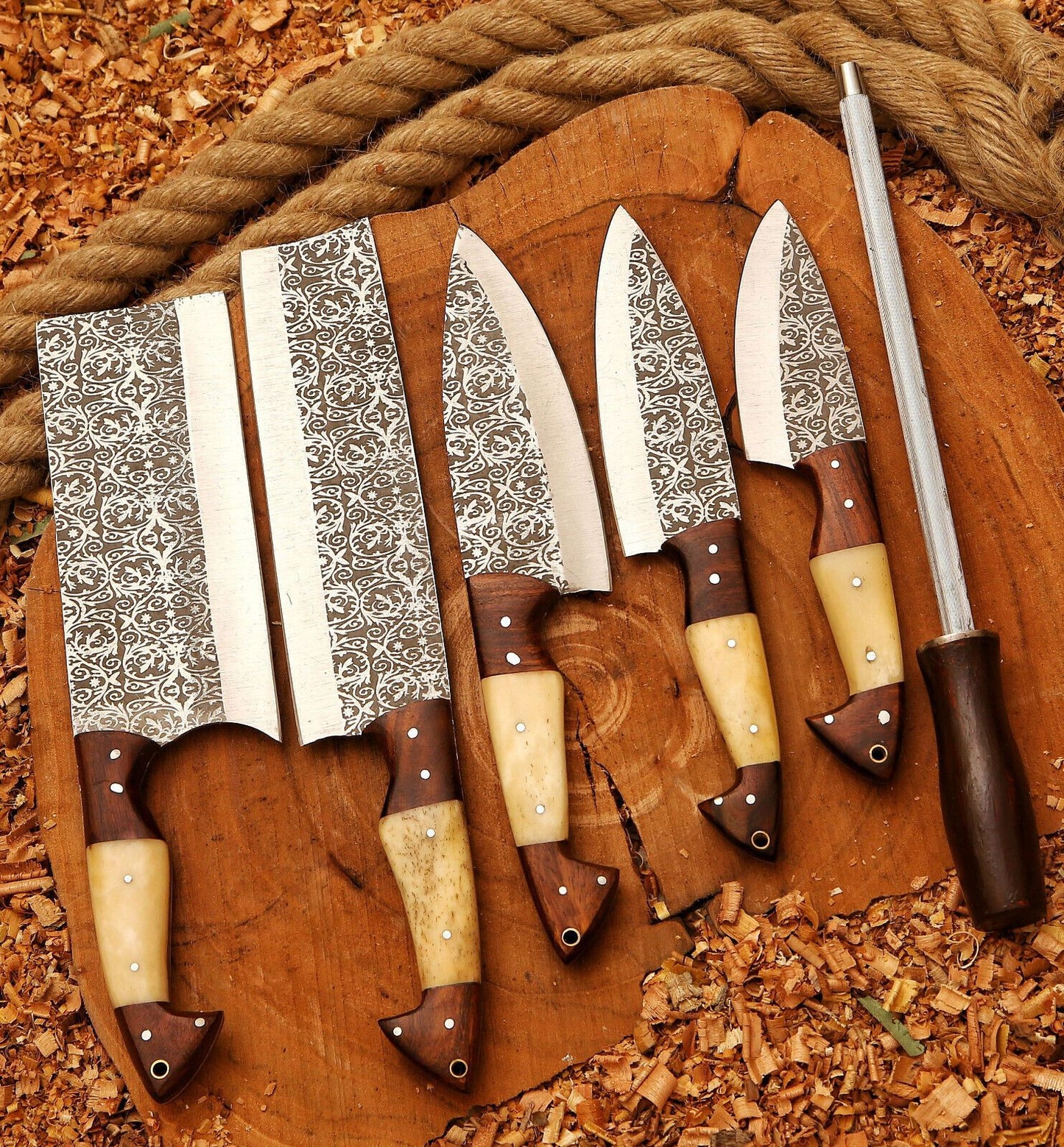 Custom Handmade Fixed Blade Damascus Steel 6-Piece Kitchen Chef Knife Set with Sheath