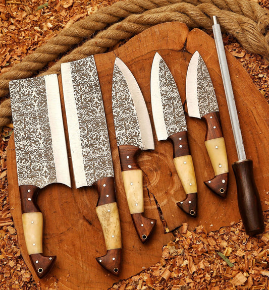 Custom Handmade Fixed Blade Damascus Steel 6-Piece Kitchen Chef Knife Set with Sheath