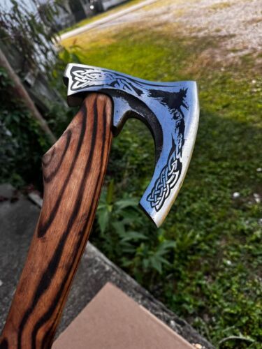 Handmade Carbon Steel Viking Throwing Axe with Walnut Wood Handle and Leather Sheath