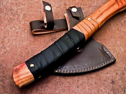 Forged Carbon Steel Viking Bearded Camping Axe with Rose Wood Shaft and Leather Sheath