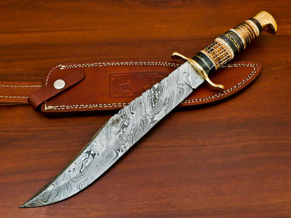 16.5" Damascus Bowie Knife – Burn Camel Bone & Pakka Wood | Brass Pommel