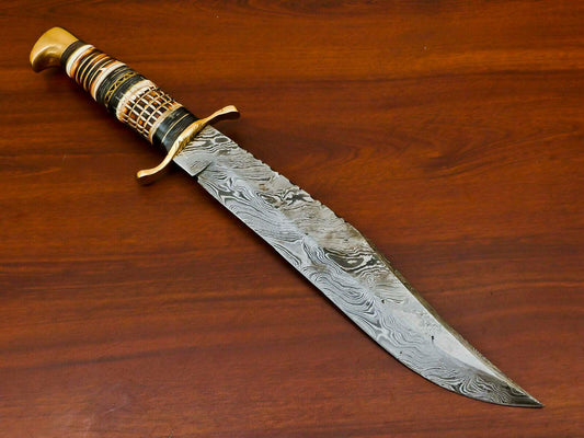16.5" Damascus Bowie Knife – Burn Camel Bone & Pakka Wood | Brass Pommel