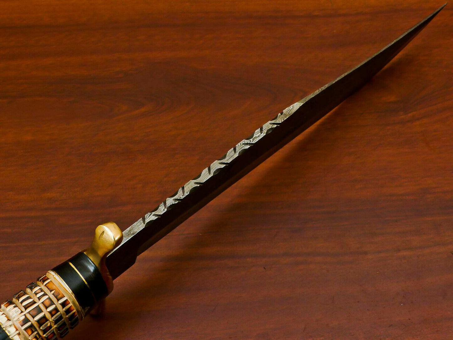 16.5" Damascus Bowie Knife – Burn Camel Bone & Pakka Wood | Brass Pommel