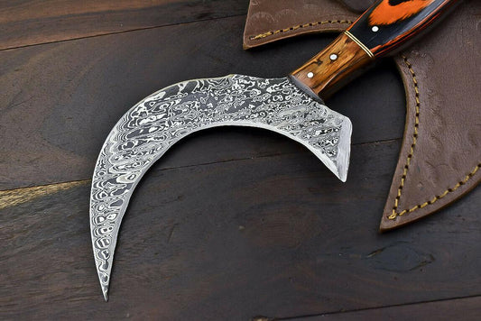 Custom Handmade Damascus Steel Axe Clever Chopper Hunting Knife Hard Wood Handle with Leather Sheath