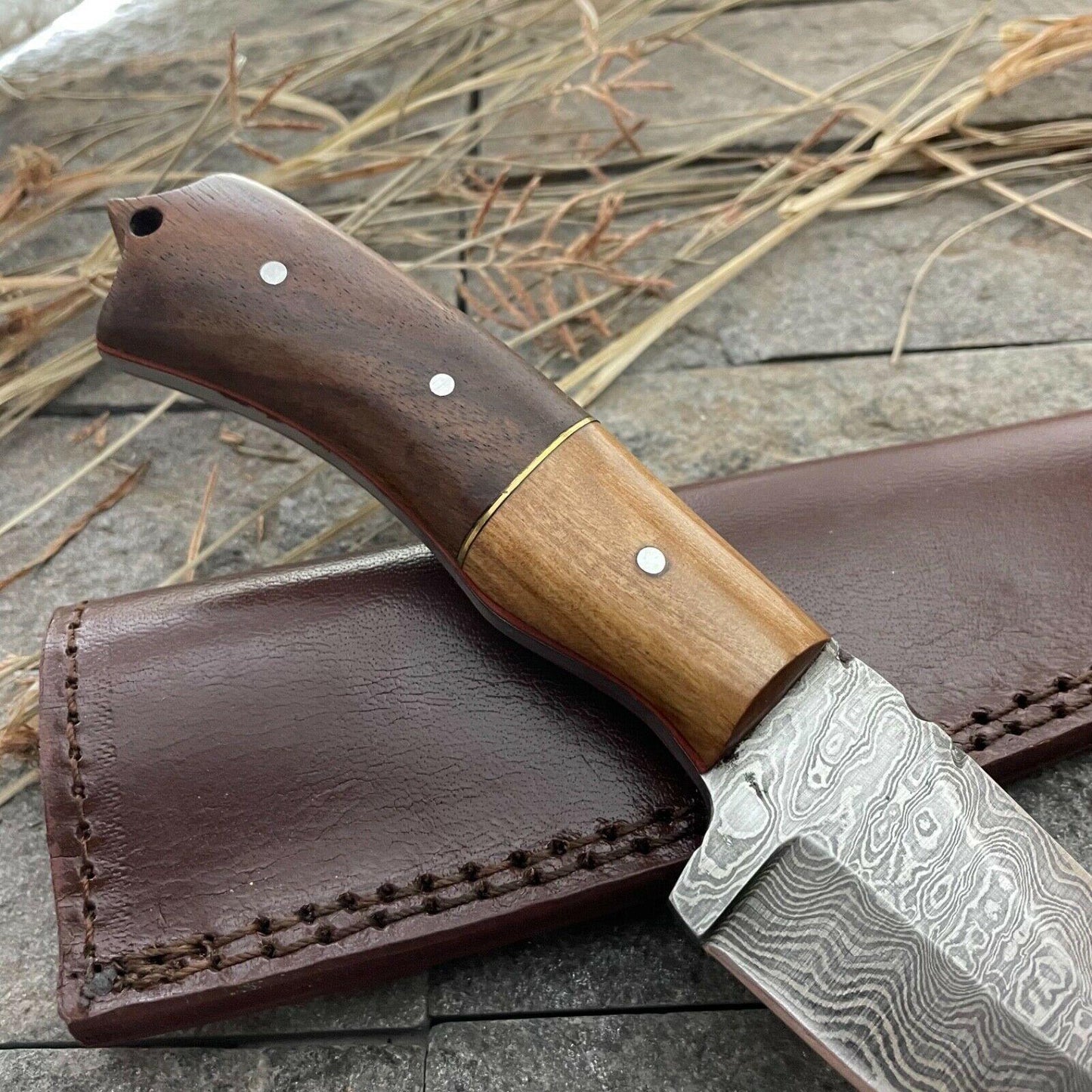 Handmade 11" Full Tang Damascus Bowie Hunting Knife – Wooden Handle with Leather Sheath