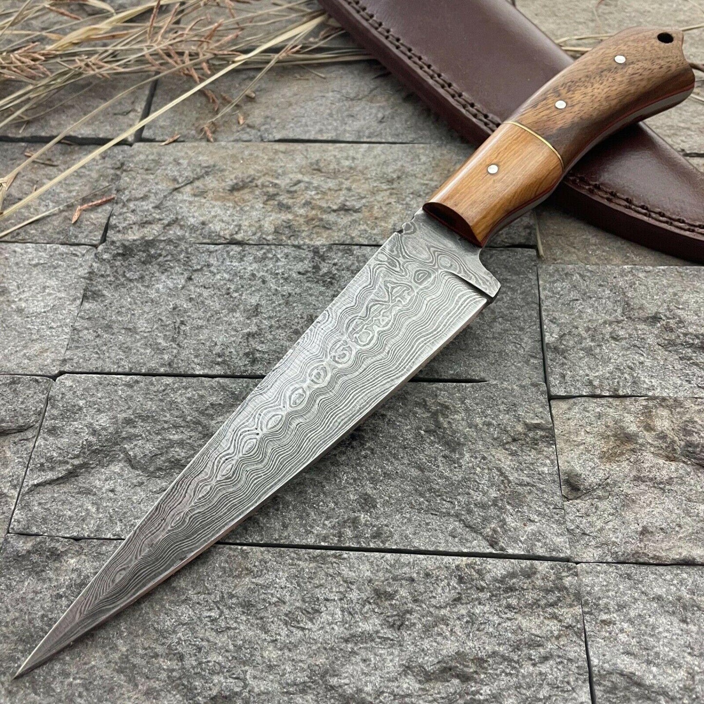 Handmade 11" Full Tang Damascus Bowie Hunting Knife – Wooden Handle with Leather Sheath