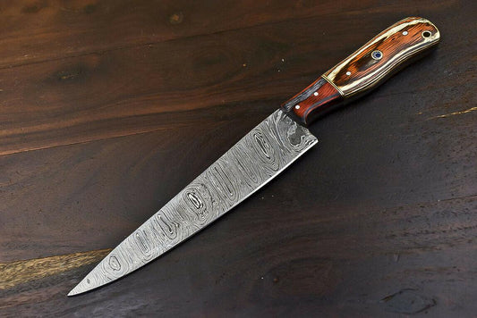 Handmade Wild Life Damascus Steel Combat, Hunting & Chef Knife with Hard Wood Handle, 7.2-Inch Blade, 12.2-Inch Overall, Wooden Bolster, Full Tang, Oil-Tempered 58-60 HRC