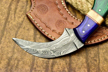 9" Handmade Damascus Karambit Full Tang Karambit Damascus Steel Knife With Wood Handle