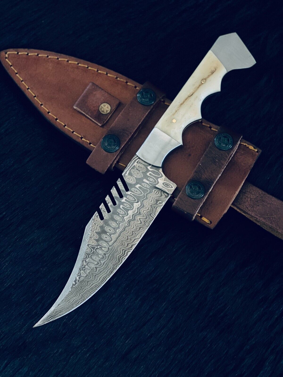 11" Custom Handmade Rain Drop Damascus Steel Bowie Knife – Camel Bone Handle with Leather Sheath
