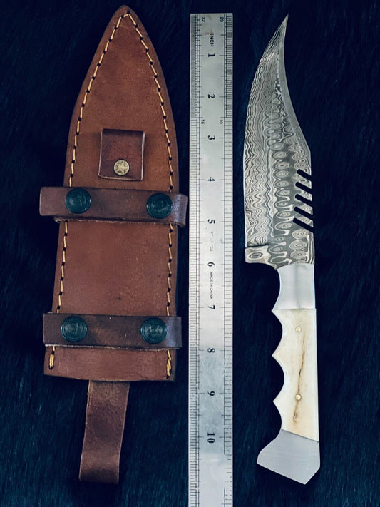 11" Custom Handmade Rain Drop Damascus Steel Bowie Knife – Camel Bone Handle with Leather Sheath