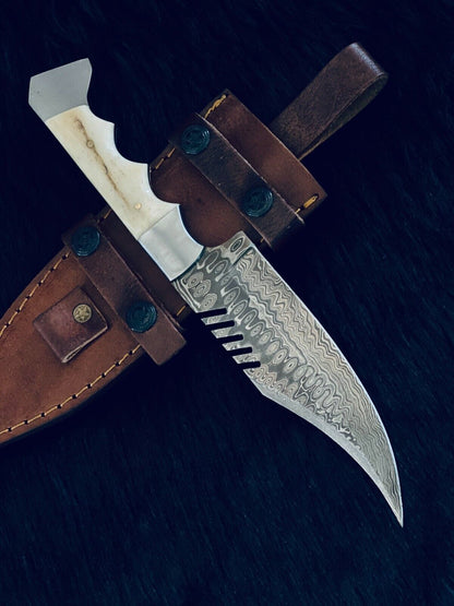 11" Custom Handmade Rain Drop Damascus Steel Bowie Knife – Camel Bone Handle with Leather Sheath
