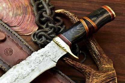 13" Handmade Damascus Bowie Hunting Knife | Hard Wood Handle
